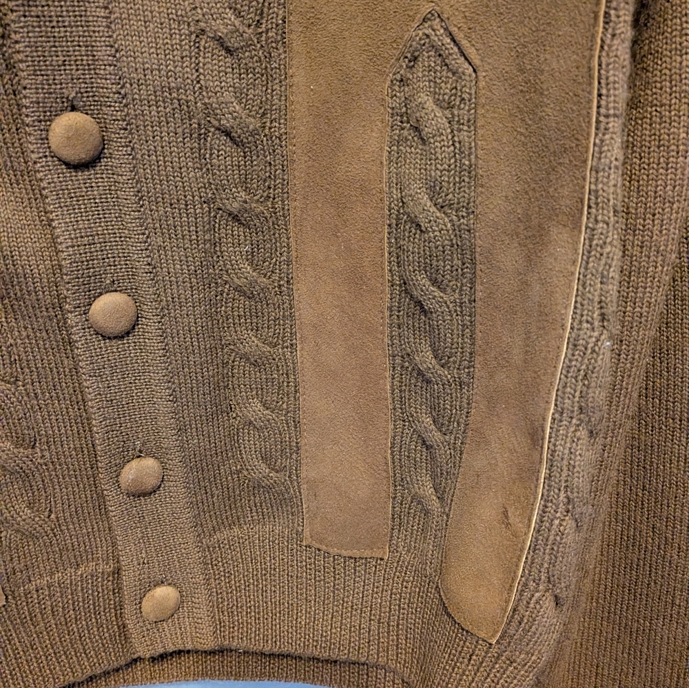 Vintage 60s Grandpa Style Cardigan W. Suede Trim. Chocolate Brown. Medium+ - Picture 4 of 8
